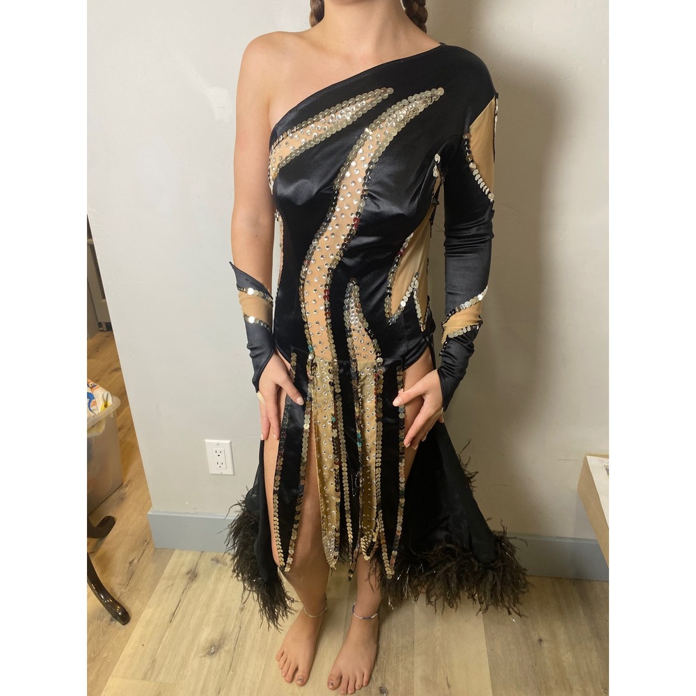 Vintage 60s Competition Figure Skating Dress Sequin Feather Black Vegas Showgirl